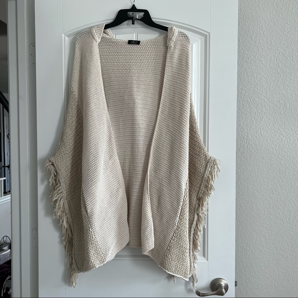 Raffe Hooded Crochet Knit Cardigan Cotton Blend Poncho Beige One Size NEW